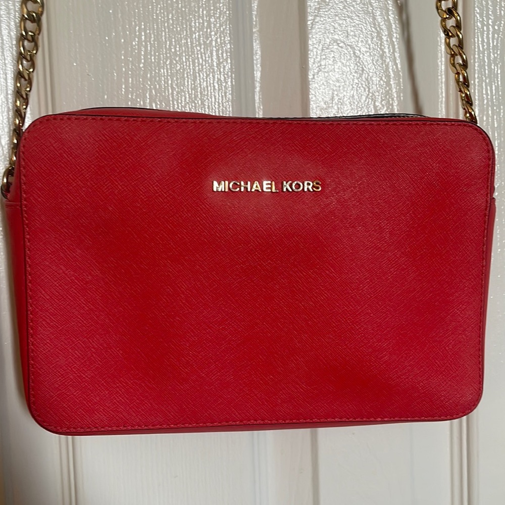Red Michael Kors Large Jet Set Leather Crossbody Bag